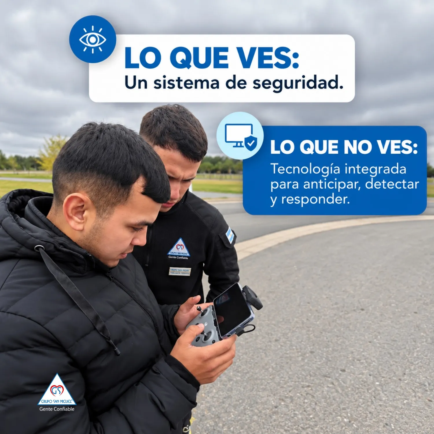 Operadores de Grupo San Miguel controlando un dron